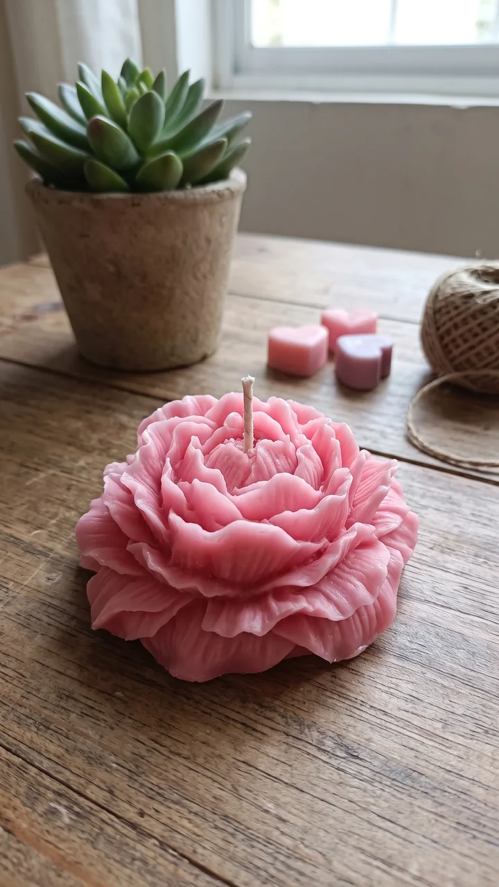 Vela artesanal tipo peonía rosa
