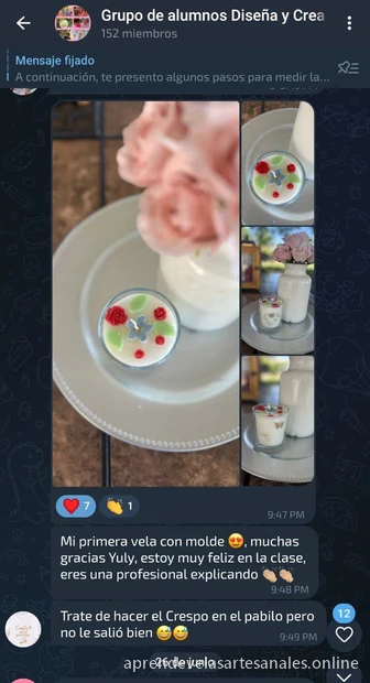 Mensaje de una alumna mostrando su primera vela